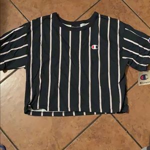 Champion crop navy tee with white and red stripes